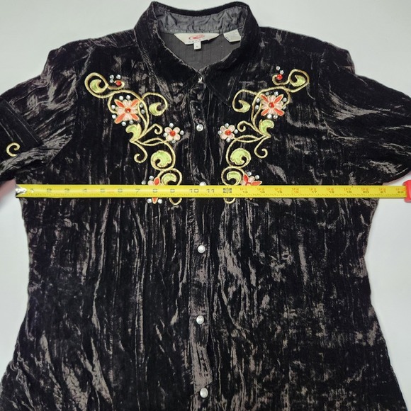Roper Fancy Western Shirt XL Black Velvet Embroidered Rhinestone Pearl Snap - Picture 9 of 10
